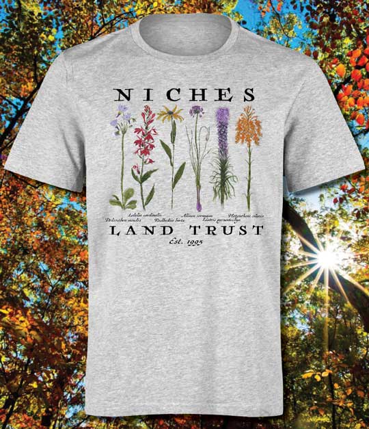 Gray t-shirt with flower images and NICHES Land Trust